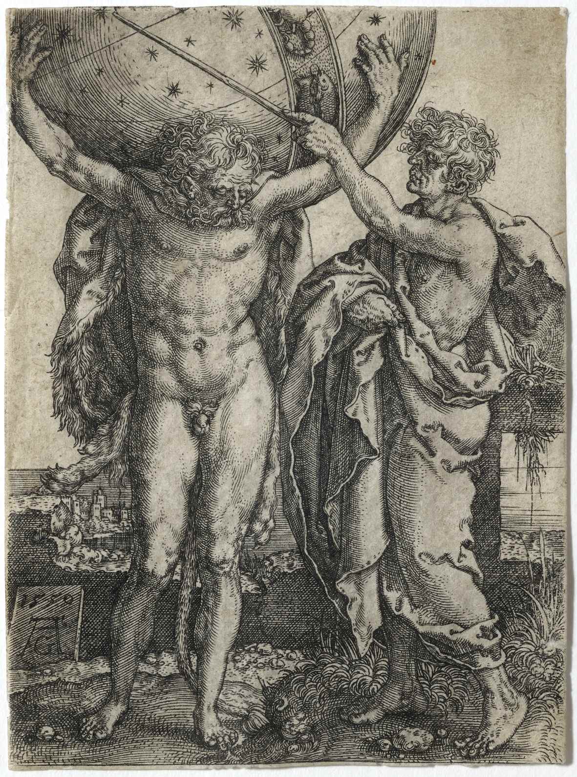 Heinrich Aldegrever (1502-1555/61), Herkules trägt das Himmelsgewölbe, um 1550, Kupferstich 9 x 7 cm, © Heinz Feußner, Hamm